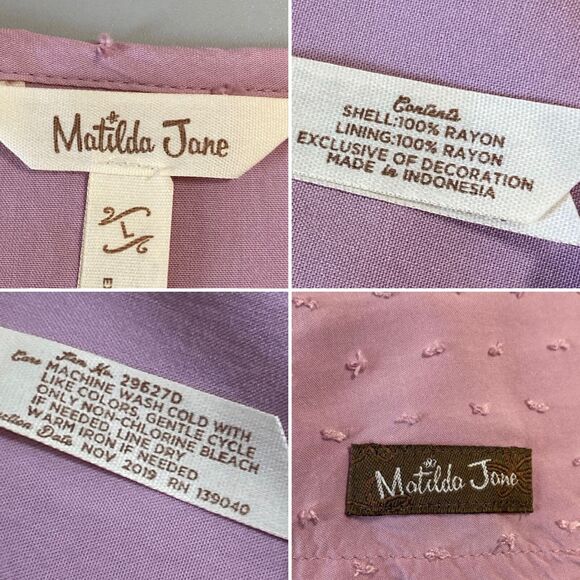 Matilda Jane Turn On The Charm Sheath Dress Women Sz L Lilac Swiss Dots Pleated - Picture 6 of 9